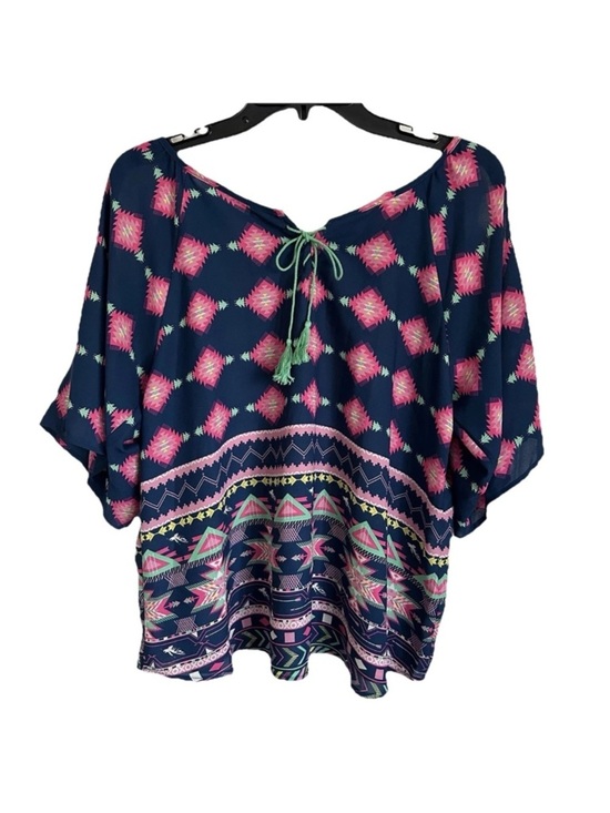 Liberty Love Tops - Liberty Love Womens Top Blue Aztec Print Top Tasseled Boho Hippie Festival